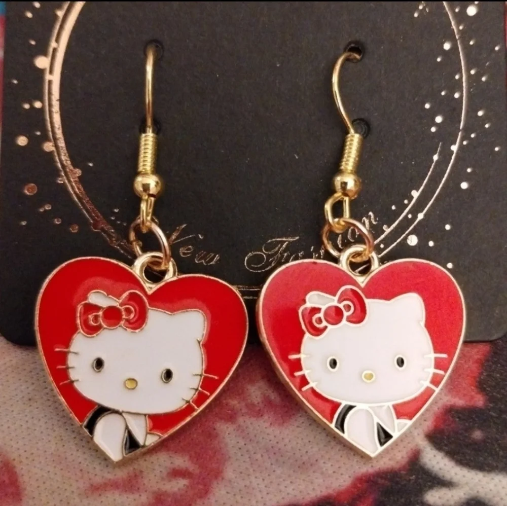 Handmade Valentine's Day Red Hello Kitty Heart Dangle Earrings
